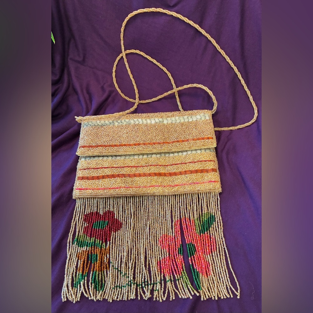 Beige Crossbody Bag with Floral Design and Fringe